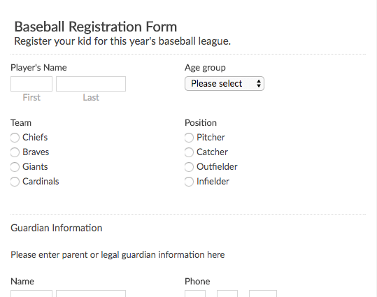 Baseball Registration Form