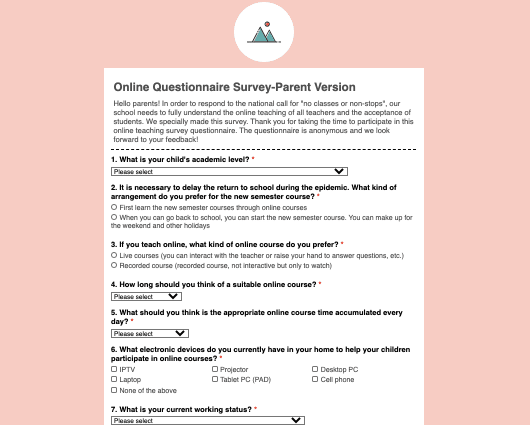 Online Questionnaire Survey-Parent Version