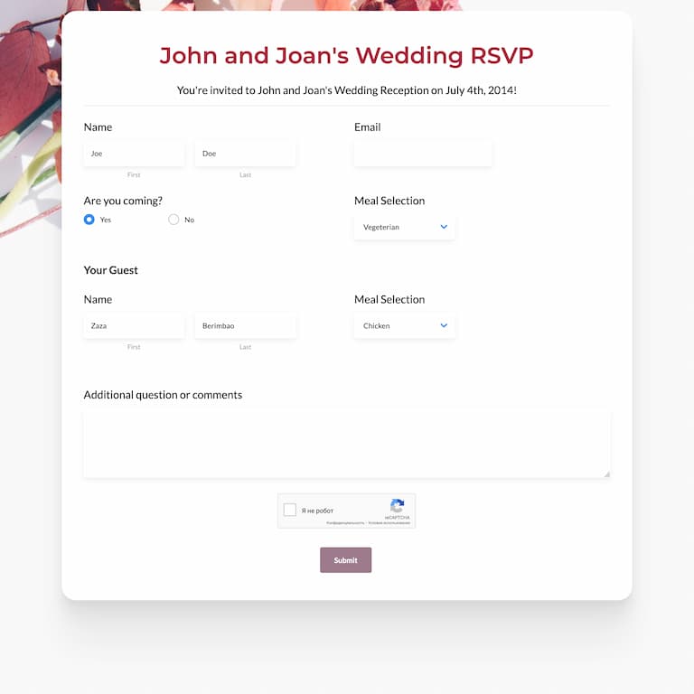 Wedding Invitation RSVP Form