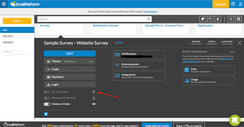 Form’s dashboard with sharing options