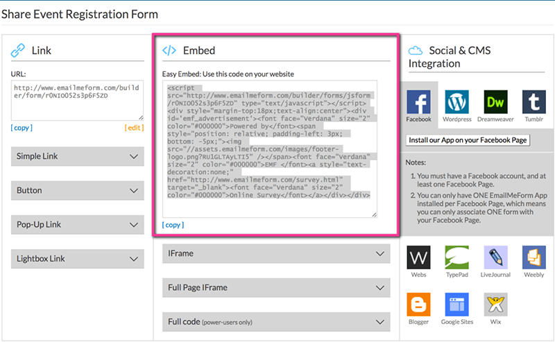 Embedding a form into a website