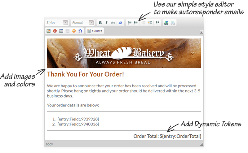 order form autoresponder message