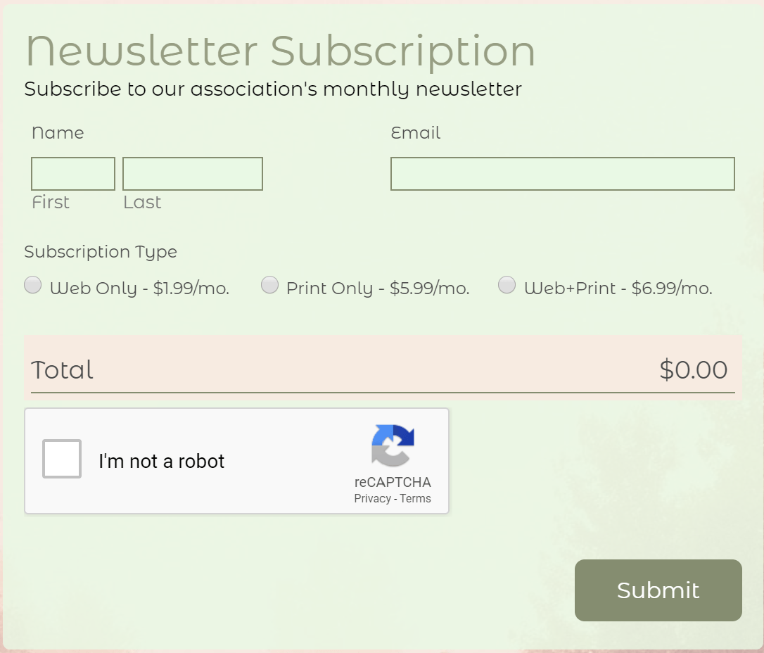 subscription form for data collection