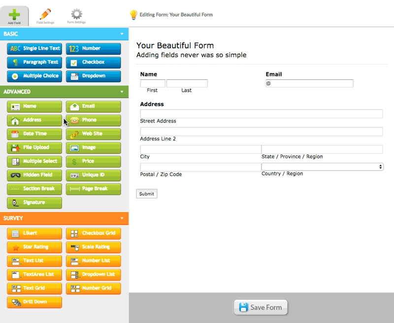 Building a form in EmailMeform editor