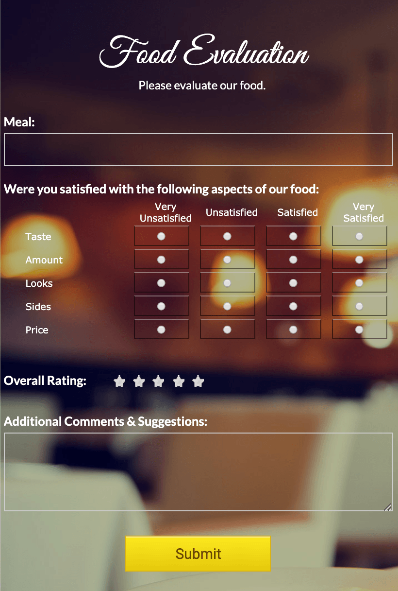 restaurant customer evaluation form