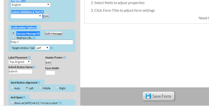 online form confirmation page